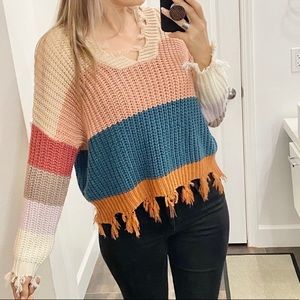 Boho knit fray sweater multi color v neck